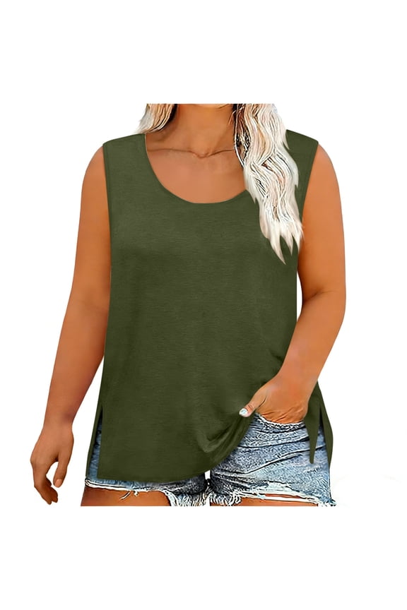 Summer Womens Plus Size Tank Tops Split Side Casual Sleeveless Tshirts Solid Color Loose Blouses