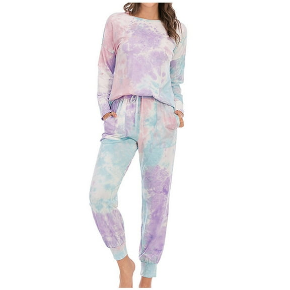Plebaso Tie-Dye Pajama Set for Women Two Piece Long Sleeve Tops Pj Pants Lounge Set Fall Winter Outfits
