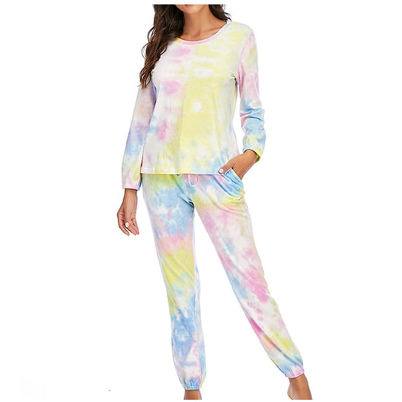 Plebaso Tie-Dye Pajama Set for Women Two Piece Long Sleeve Tops Pj Pants Lounge Set Fall Winter Outfits