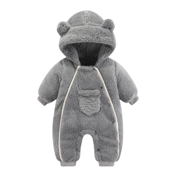 Plebaso Toddler Baby Plush Romper Fall Winter Solid Color Cute Ears Thick Keep Warm Hooded Jumpsuit For Girls Boys