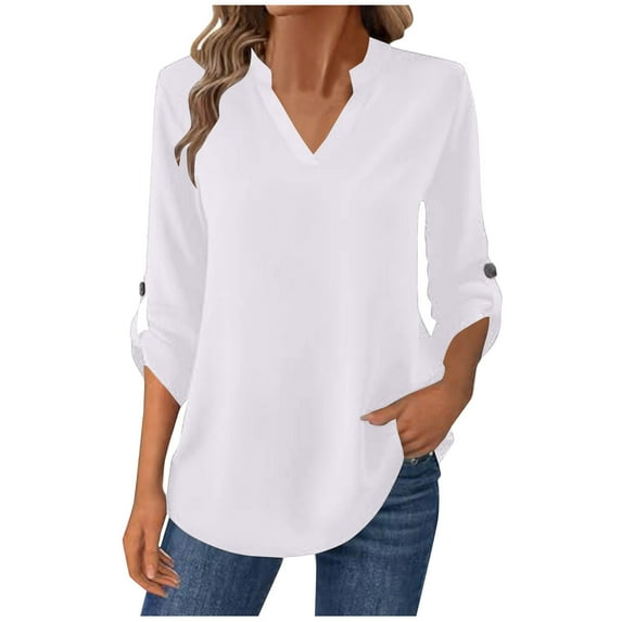 Plebaso V Neck Tops for Women Long Sleeve Casual Blouses Solid Color Womens Loose Dressy Tunic Shirts