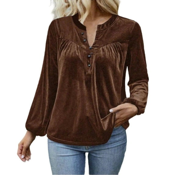 Plebaso Velvet Tops for Women Plus Size V Neck Puff Long Sleeve Dressy Blouses Casual Loose T-Shirts