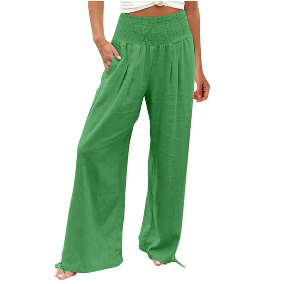 Plebaso Wide Leg Pants Womens Smocked High Waist Casual Pants Lightweight Loose Trousers with Drawstring