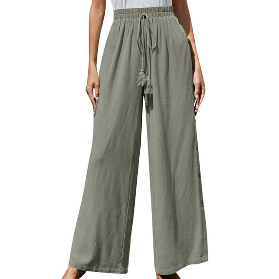 Plebaso Wide Leg Pants for Women Solid Color Elastic Waist Button Decoration Trousers Ladies Casual Loose Pants
