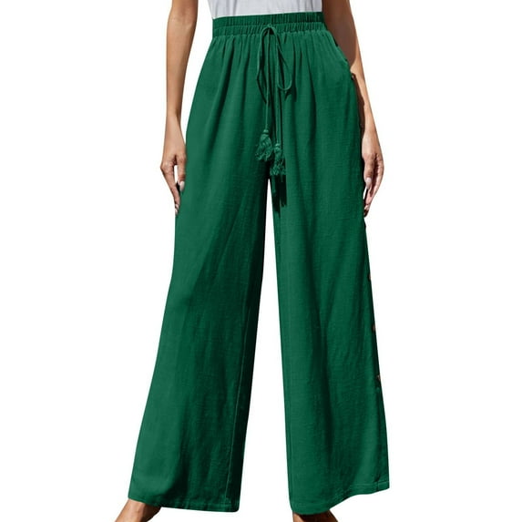 Plebaso Wide Leg Pants for Women Solid Color Elastic Waist Button Decoration Trousers Ladies Casual Loose Pants