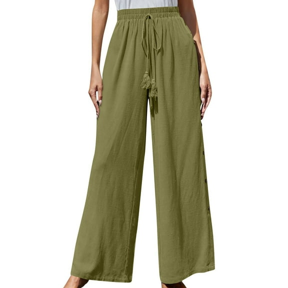 Plebaso Wide Leg Pants for Women Solid Color Elastic Waist Button Decoration Trousers Ladies Casual Loose Pants