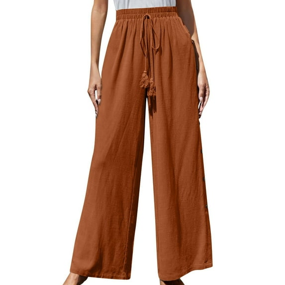 Plebaso Wide Leg Pants for Women Solid Color Elastic Waist Button Decoration Trousers Ladies Casual Loose Pants
