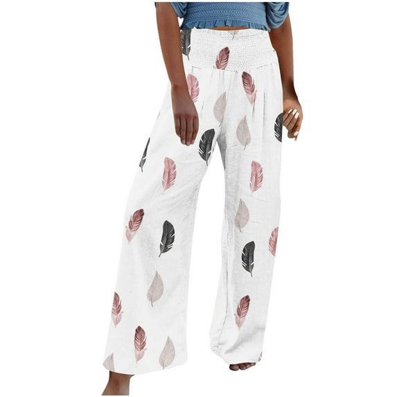Plebaso Wide Leg Pants for Women Solid Color Printed Elastic Waist Casual Loose Trousers Ladies Full Length Pants