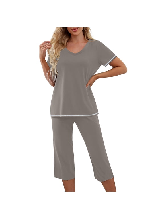 Women's 2 Piece Capri Pajama Sets Pjs V Neck Short Sleeve Tops and Capris Pants Lounge Sets