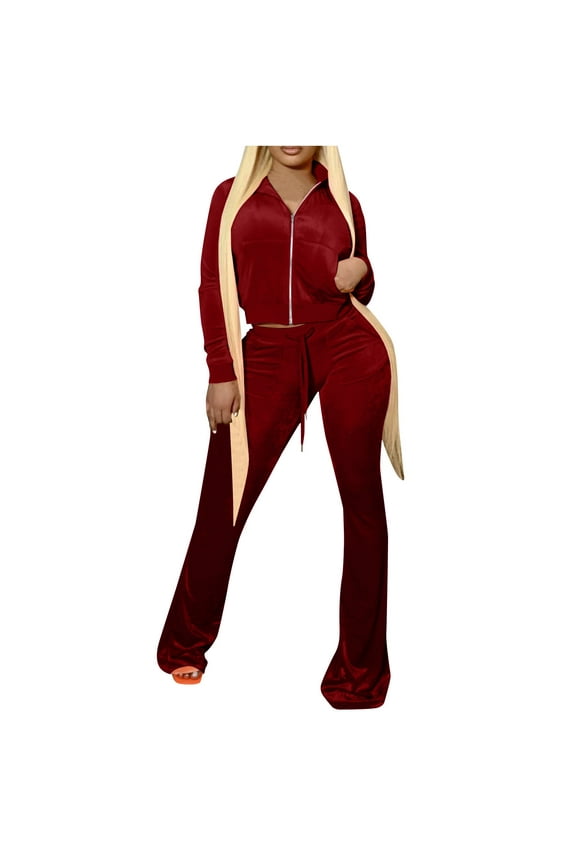 Women's 2 Piece Outfits Velour Zip up Crop Jacket Drawstring Flare Pants Fall Winter Velvet Tracksuit