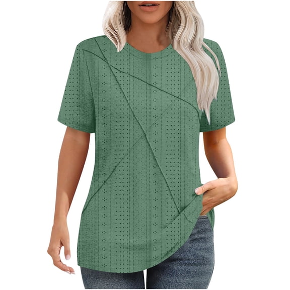 Plebaso Women's Summer Tops Eyelet Short Sleeve Casual Tunic Shirts Loose Dressy Blouses Basic Tee