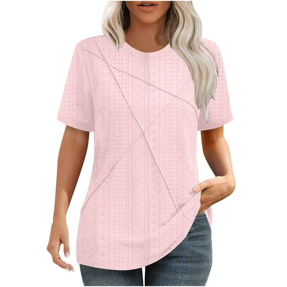 Plebaso Women's Summer Tops Eyelet Short Sleeve Casual Tunic Shirts Loose Dressy Blouses Basic Tee