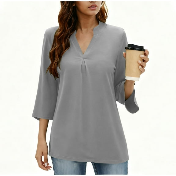 Plebaso Women's 3/4 Sleeve Blouses Casual V Neck Elegant Tunic Tops for Women Loose Dressy Work T-Shirts