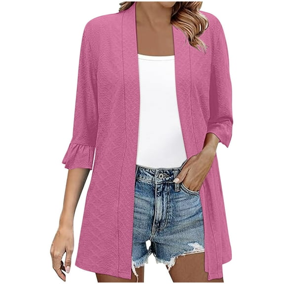 Plebaso Women's 3/4 Sleeve Open Front Summer Cardigan Casual Loose Lightweight Cover up Cardigans Jacket