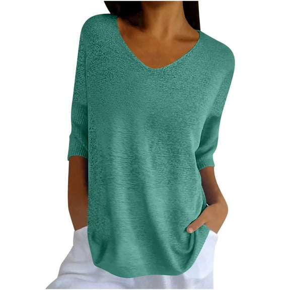 Plebaso Women's 3/4 Sleeve Sweaters V Neck Knit Sweater Shirts Loose Loose Pullover Plus Size Tops for Women