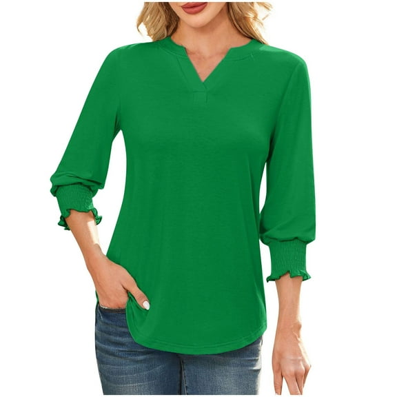 Plebaso Women's 3/4 Sleeve Tops V Neck Dressy Casual Smocked Cuffed Summer Loose Tunic Blouse for Women