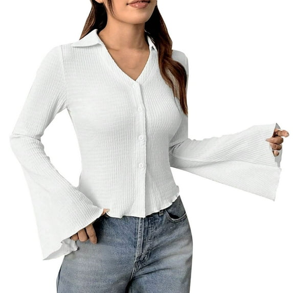 Plebaso Women's Bell Long Sleeve Tshirts Button down V Neck Collared Work Blouse Dressy Tops for Women