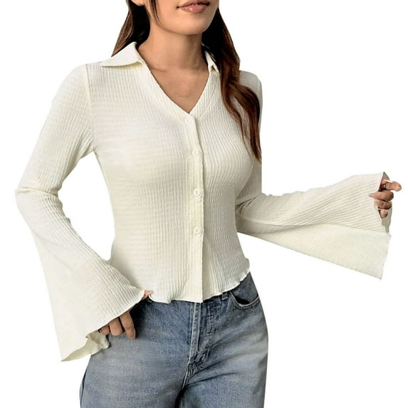 Plebaso Women's Bell Long Sleeve Tshirts Button down V Neck Collared Work Blouse Dressy Tops for Women