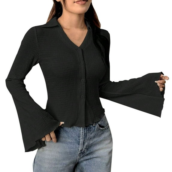 Plebaso Women's Bell Long Sleeve Tshirts Button down V Neck Collared Work Blouse Dressy Tops for Women
