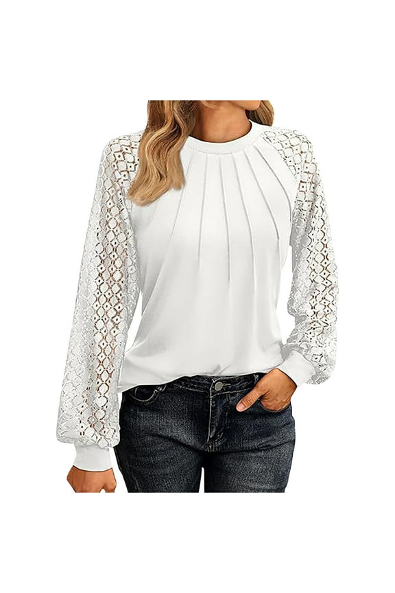 Women's Blouse Crew Neck Pleated Long Sleeve Casual Tunic Tops for Women Fall Winter Shirts