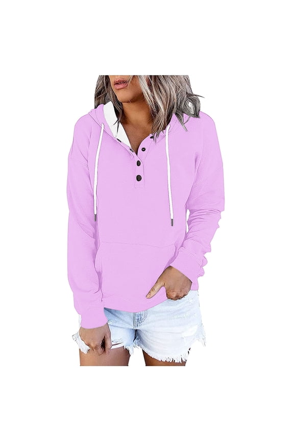 Women's Button Collar Hoodies Long Sleeve Pocket Pullover with Hood Drawstring Casual Sweatshirts