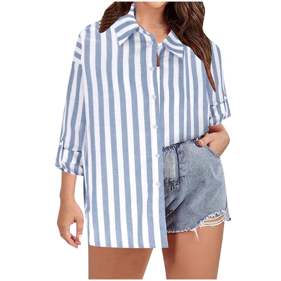 Plebaso Women's Button down Shirts Striped Long Sleeve Plus Size Tops Collared Business Casual Work Blouse