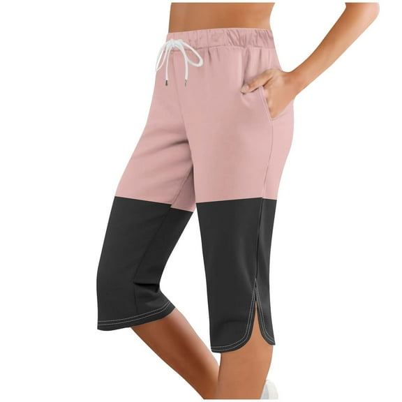 Plebaso Women's Capri Pants Colorblock Cropped Jogger with Pockets Casual Drawstring Capris for Women