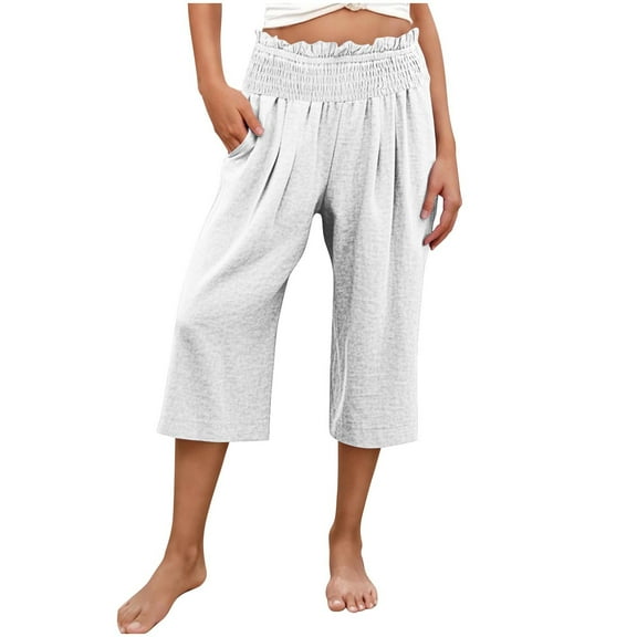 Plebaso Women's Capri Pants Smocked High Waist Casual Capris Summer Loose Cropped Pants with Pockets