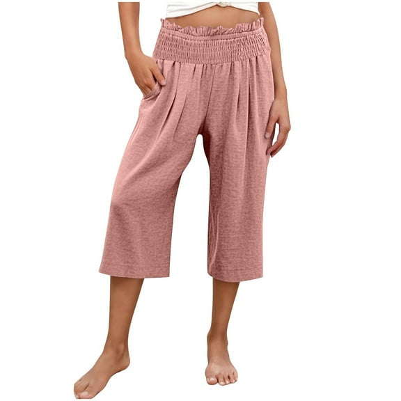 Plebaso Women's Capri Pants Smocked High Waist Casual Capris Summer Loose Cropped Pants with Pockets