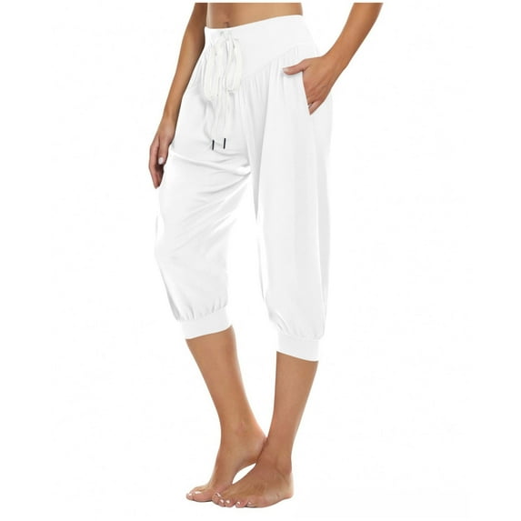 Plebaso Women's Capri Sweatpants Drawstring Cropped Joggers Elastic Waist Athletic Capris with Pockets