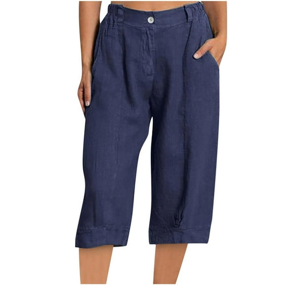 Plebaso Women's Capris Pants Cotton Linen Solid Color Button Elastic Waist Capris Pants Ladies Casual Loose Trousers