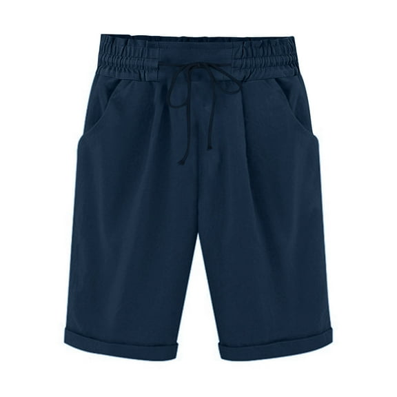 Plebaso Women's Casual Knee Length Shorts Drawstring Roll up Shorts Plain Lightweight Pull on Shorts