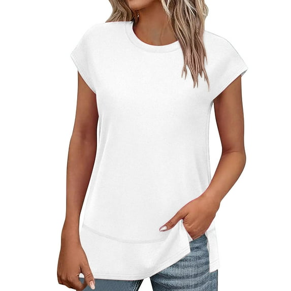 Plebaso Women's Casual Summer Tops Cap Sleeve T Shirts Crew Neck Loose Side Split Tee Womens Clothes
