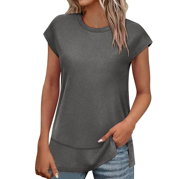 Plebaso Women's Casual Summer Tops Cap Sleeve T Shirts Crew Neck Loose Side Split Tee Womens Clothes