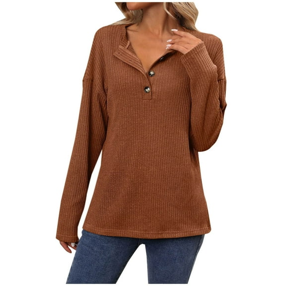 Plebaso Women's Casual Sweater Tops Lightweight Knit Long Sleeve Button V Neck Tunic Shirts for Women