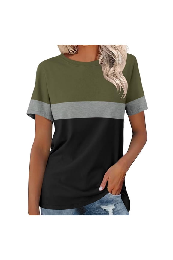 Women's Casual T Shirts Color Block Crew Neck T-Shirts Short Sleeve Summer Loose Tee Blouses