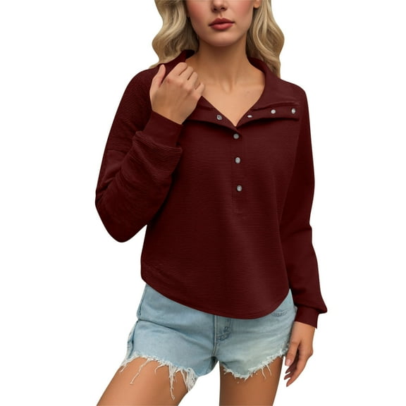 Plebaso Women's Corduroy Tops Casual Half Button Collar Cropped Pullover Womens Long Sleeve Fashion Tops