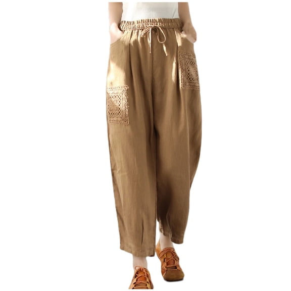 Plebaso Women's Cotton Linen Pants Embroidered Solid Color Elastic Waist Baggy Lounge Pants Ladies Casual Loose Trousers