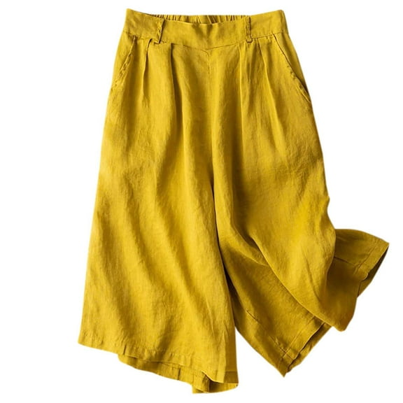 Plebaso Women's Cotton Linen Pants Solid Color Elastic Waist Cropped Pants Ladies Casual Loose Wide Leg Capris