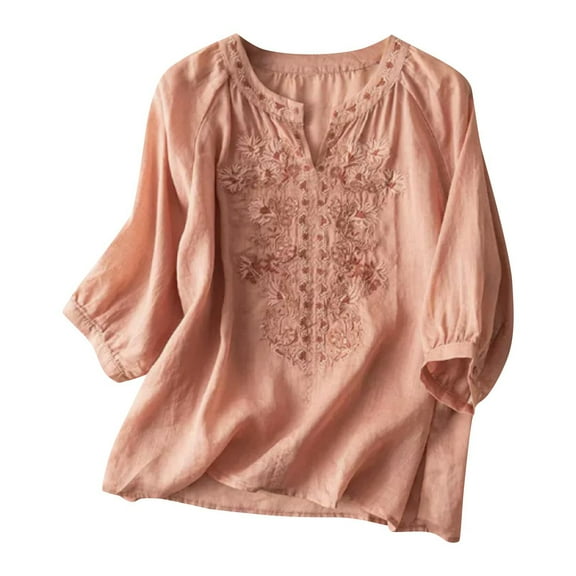 Plebaso Women's Cotton Linen Shirts Embroidered 3/4 Sleeve Blouses Vintage Bohemian Tops for Women