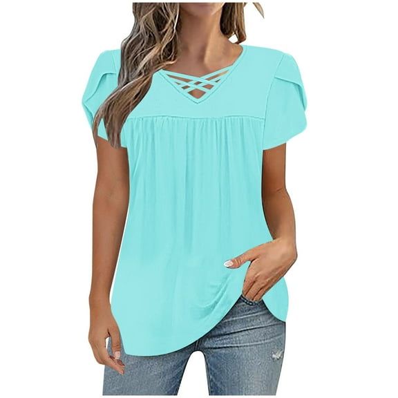 Plebaso Women's Crisscross V Neck Blouses Short Sleeve Casual Tunic Shirts Loose Summer Tops for Women