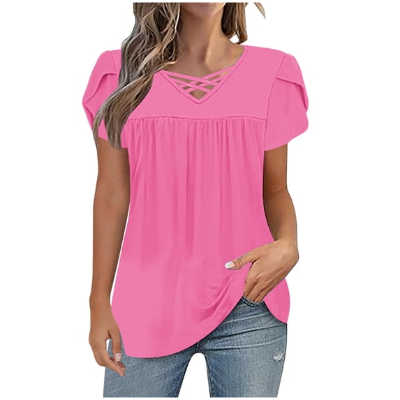 Plebaso Women's Crisscross V Neck Blouses Short Sleeve Casual Tunic Shirts Loose Summer Tops for Women