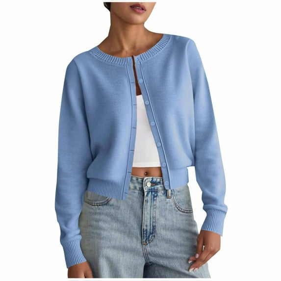 Plebaso Women's Cropped Cardigans Sweater Long Sleeve Button down Open Front Knitted Jacket for Women