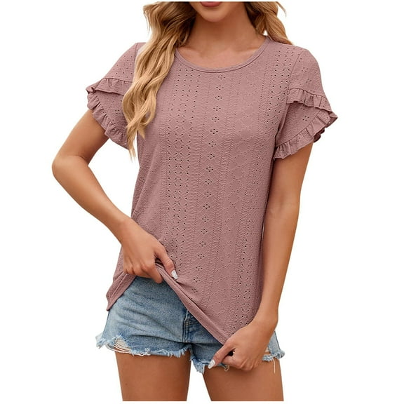 Plebaso Women's Cute Tops Petal Short Sleeve Casual Tunic Top for Women Loose Eyelet Blouses