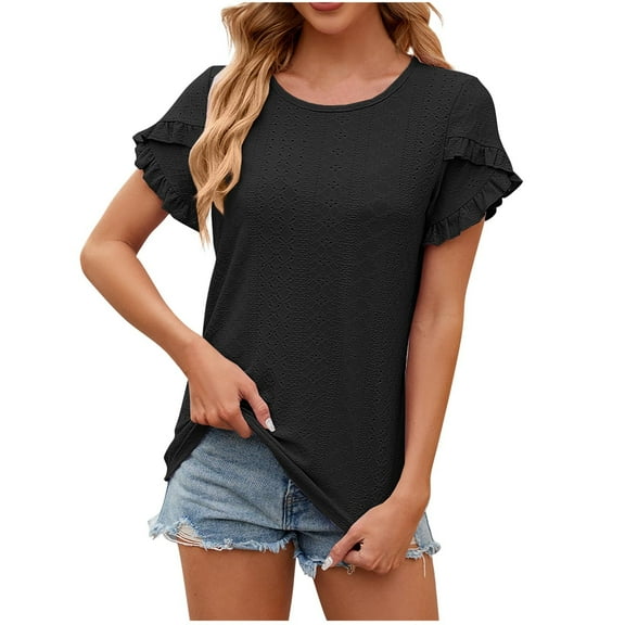 Plebaso Women's Cute Tops Petal Short Sleeve Casual Tunic Top for Women Loose Eyelet Blouses