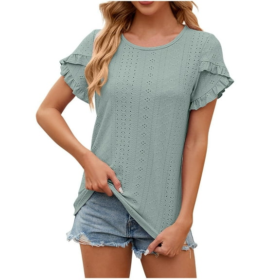 Plebaso Women's Cute Tops Petal Short Sleeve Casual Tunic Top for Women Loose Eyelet Blouses