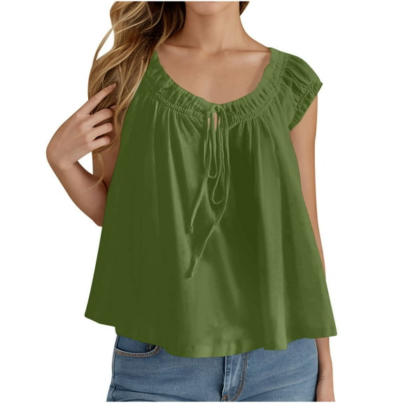 Plebaso Women's Cute Tops Tie Knot Crew Neck Puff Short Sleeve Shirts for Women Casual Summer Tunics