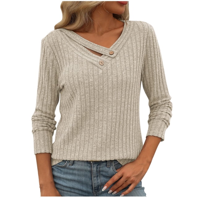 Plebaso Women's Fall Sweaters V Neck Long Sleeve Ribbed Knit Lightweight Tops Womens Sweater