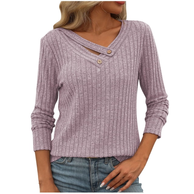 Plebaso Women's Fall Sweaters V Neck Long Sleeve Ribbed Knit Lightweight Tops Womens Sweater