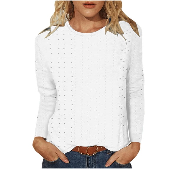 Plebaso Women's Fall Tops Casual Crew Neck Long Sleeve Shirts Eyelet Blouses Lightweight Loose T-Shirts
